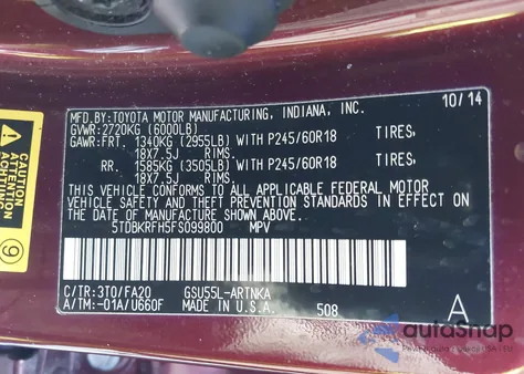 2015 Toyota Highlander Le Plus V6 z USA, uszkodzony, nr VIN 5TDBKRFH5FS099800